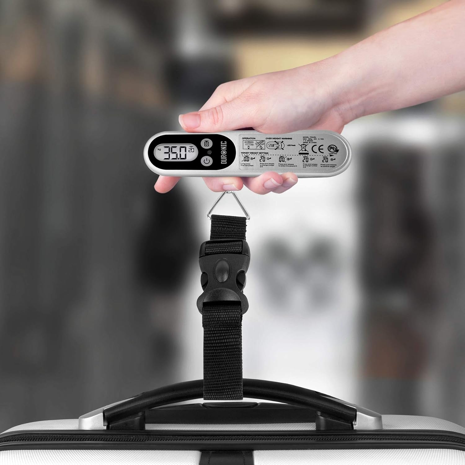 Duronic LS1014 Gepäckwaage, 50 Kg Digitale Kofferwaage, Hängewaage Mit LCD Und Tara Funktion, Fischwaage Digitalwaage Handwaage Waage, Option Für Zielgewicht, Reisegepäckwaage Digitalwaage