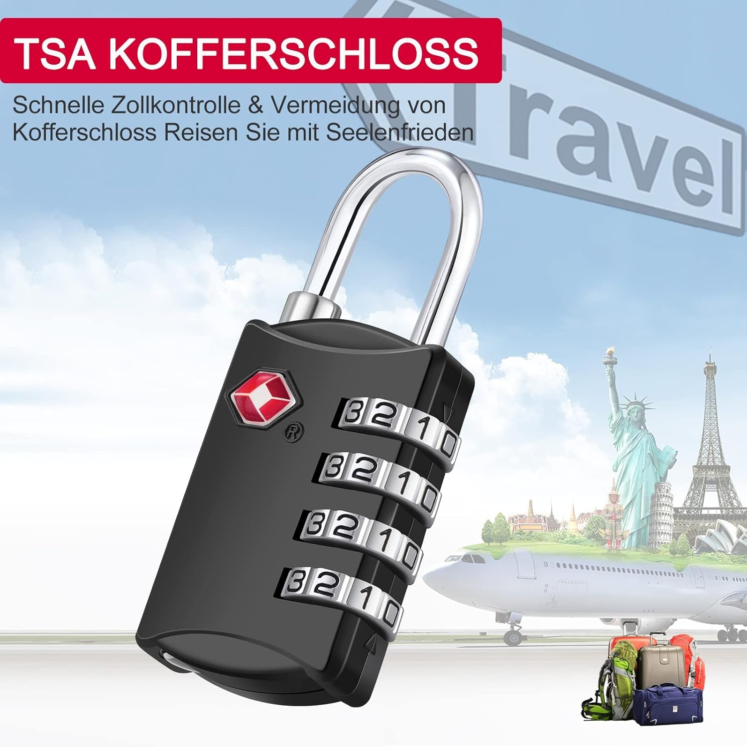 ZHEGE TSA Schlösser, Kofferschlösser, 4-Stellig Schlösser (2, Schwarz) | Rucksack Schloss Für Koffer, Tasche, Rucksäcke, Gepäckschloss, Kleines Vorhängeschlösser Zahlenschlösser Spind