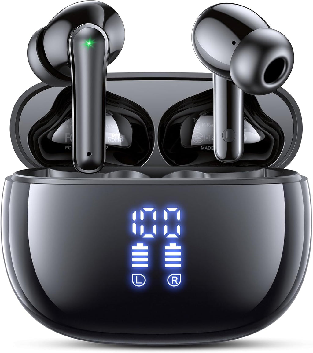 Bluetooth 5.3 Kopfhörer Kabellos, in Ear Bluetooth Kopfhörer Mit 4 ENC Mikrofonen, 48 Std Spielzeit, LED Anzeige, Hifi Stereo Sound, IPX7 Wasserdichte Sport Kopfhörer – Schwarz