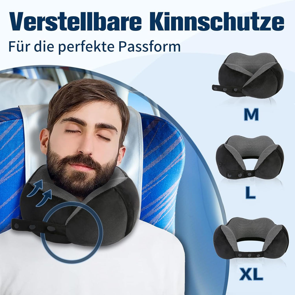 Cirorld Nackenkissen Flugzeug, Nackenhörnchen Erwachsene, Reisekissen Memory Foam, Verstellbares Kompaktes Nackenkissen Reise, Ergonomisches Weich Atmungsaktiv Mit Ohrstöpseln, Augenmaske,Tragetasche