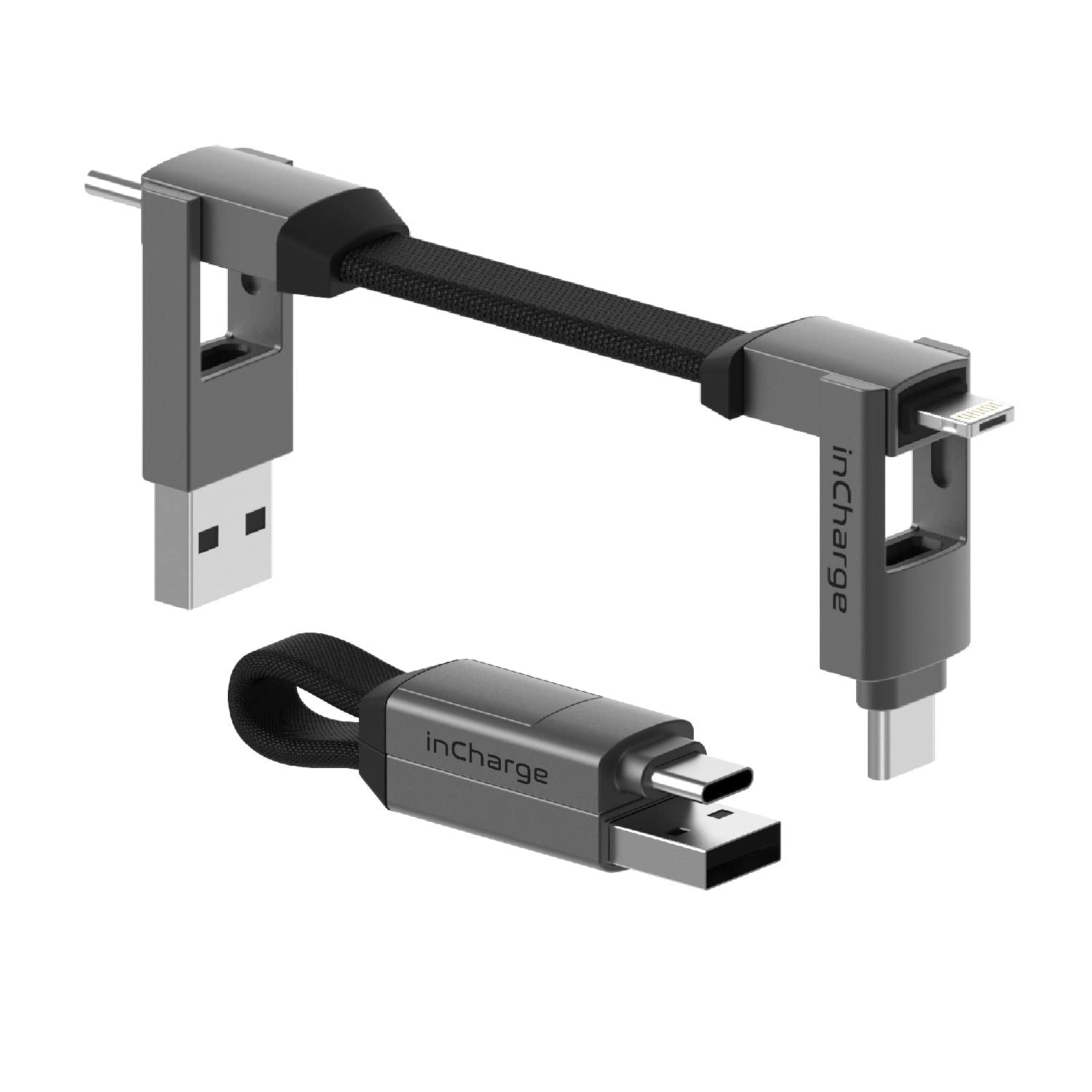 Rolling Square Incharge 6 - Schlüsselanhänger Mit Usb-C-Kabel, Universal-Smartphone-Kabel, Geschenk Für Männer, Handy-Aufladegerät 6-In-1, Technologisches Gadget, Silber, Lightning-Kabel 15 W