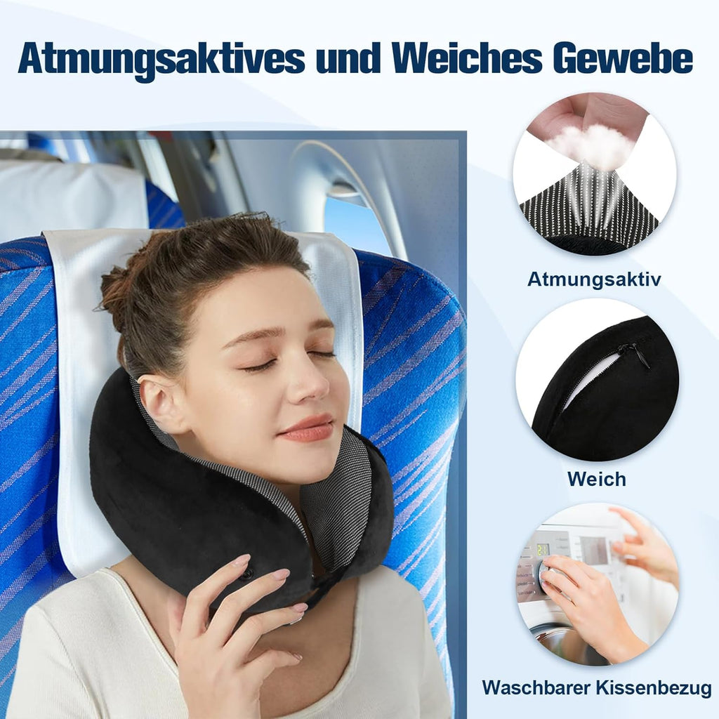 Cirorld Nackenkissen Flugzeug, Nackenhörnchen Erwachsene, Reisekissen Memory Foam, Verstellbares Kompaktes Nackenkissen Reise, Ergonomisches Weich Atmungsaktiv Mit Ohrstöpseln, Augenmaske,Tragetasche
