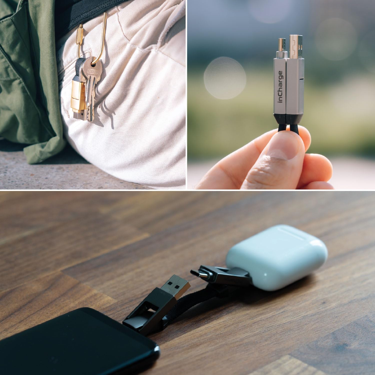 Rolling Square Incharge 6 - Schlüsselanhänger Mit Usb-C-Kabel, Universal-Smartphone-Kabel, Geschenk Für Männer, Handy-Aufladegerät 6-In-1, Technologisches Gadget, Silber, Lightning-Kabel 15 W