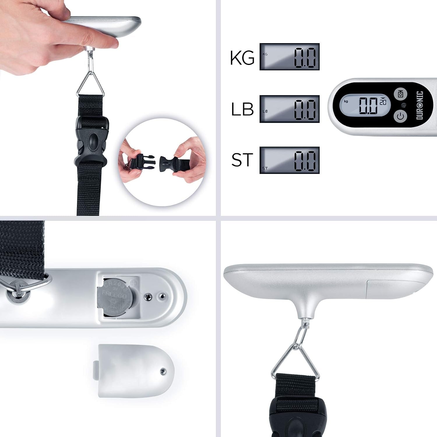 Duronic LS1014 Gepäckwaage, 50 Kg Digitale Kofferwaage, Hängewaage Mit LCD Und Tara Funktion, Fischwaage Digitalwaage Handwaage Waage, Option Für Zielgewicht, Reisegepäckwaage Digitalwaage
