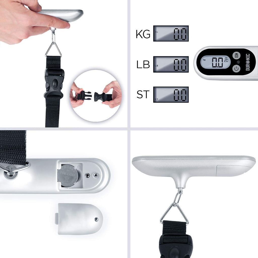 Duronic LS1014 Gepäckwaage, 50 Kg Digitale Kofferwaage, Hängewaage Mit LCD Und Tara Funktion, Fischwaage Digitalwaage Handwaage Waage, Option Für Zielgewicht, Reisegepäckwaage Digitalwaage