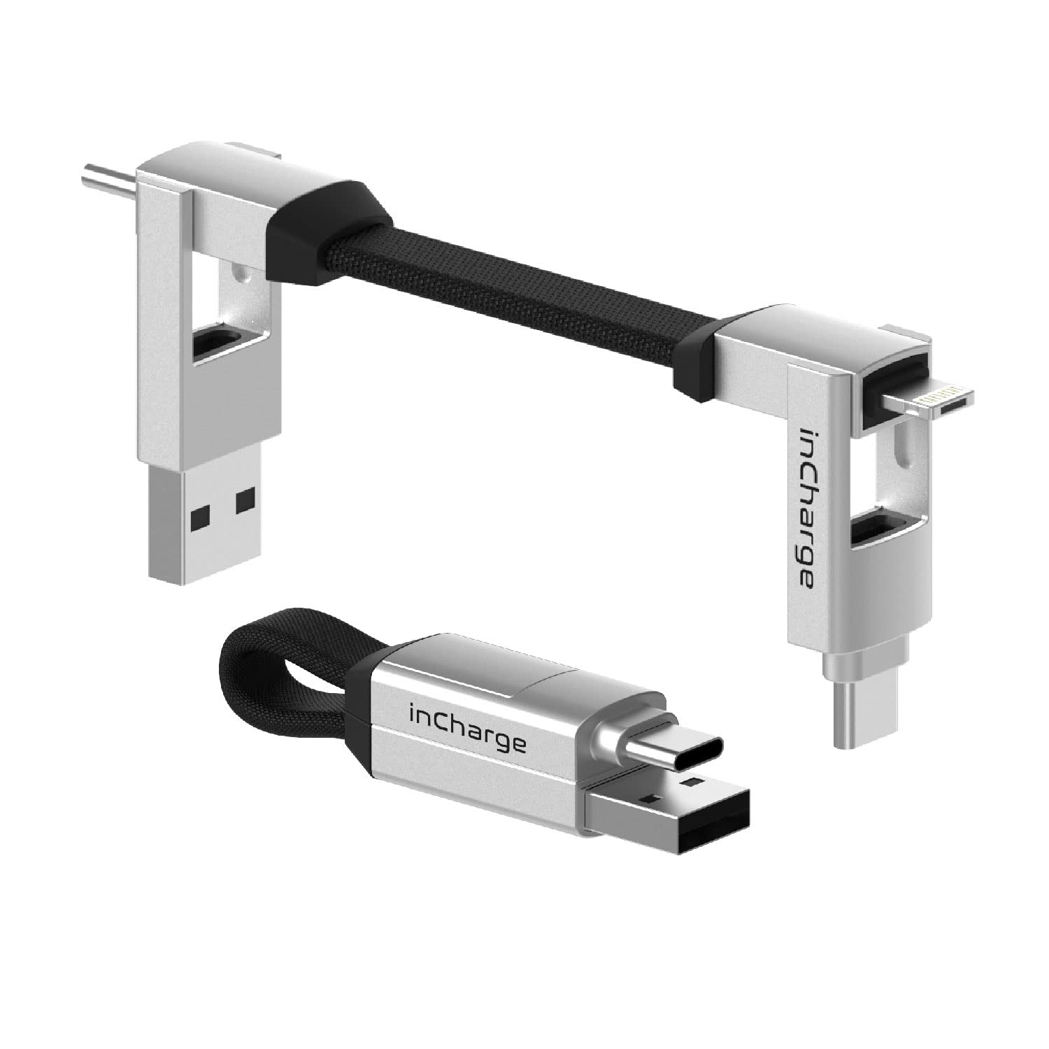 Rolling Square Incharge 6 - Schlüsselanhänger Mit Usb-C-Kabel, Universal-Smartphone-Kabel, Geschenk Für Männer, Handy-Aufladegerät 6-In-1, Technologisches Gadget, Silber, Lightning-Kabel 15 W