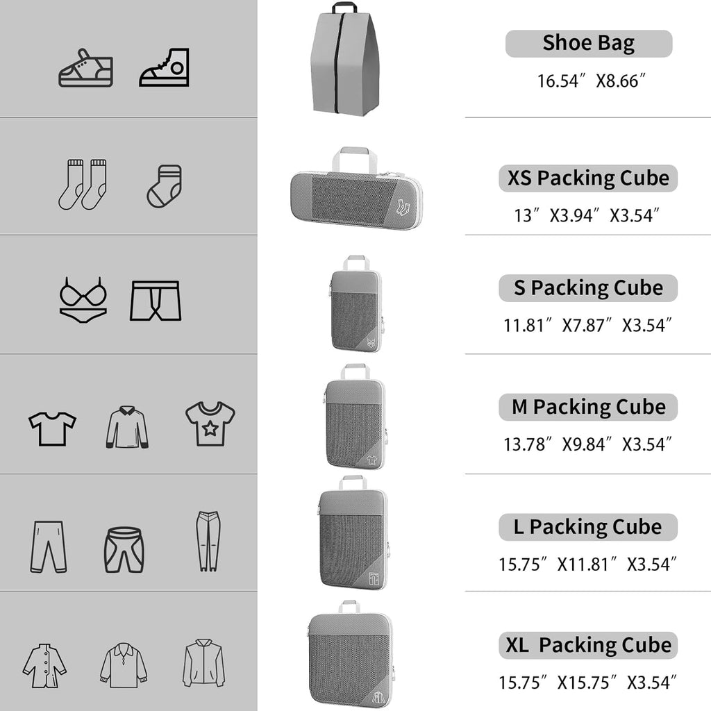 Grau Koffer Organizer Set, 6 Teilige Compression Packing Cubes, Kofferorganizer, Travel Organizer, Kompression Packwürfel Set Für Koffer Rucksack Handgepäck