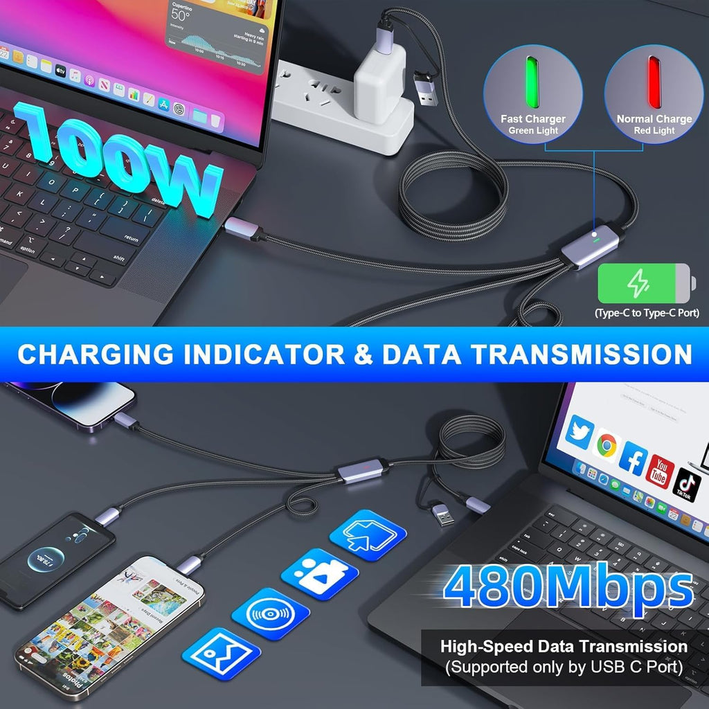 100 W Usb-C-Multi-Schnellladekabel, 1,8 M, 5-In-1-Nylongeflecht Mit Micro-Usb-Typ-C-Lightning-Anschluss Für Iphone, Kompatibel Mit Iphone 16, 15, 14, 13, 12, 11, X Pro Max, Samsung S24, 23, 22