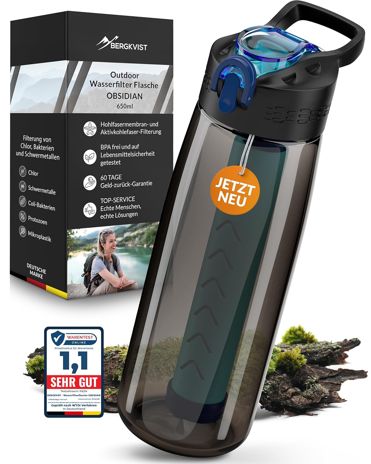 BERGKVIST® Outdoor Wasserfilter Flasche OBSIDIAN [650Ml] Mit Kompass | Trinkflasche Mit Filter Für Sauberes Trinkwasser, Wasseraufbereitung Für Die Camping-, Prepper- & Survival-Ausrüstung