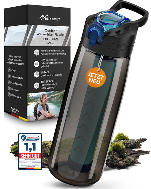 BERGKVIST® Outdoor Wasserfilter Flasche OBSIDIAN [650Ml] Mit Kompass | Trinkflasche Mit Filter Für Sauberes Trinkwasser, Wasseraufbereitung Für Die Camping-, Prepper- & Survival-Ausrüstung