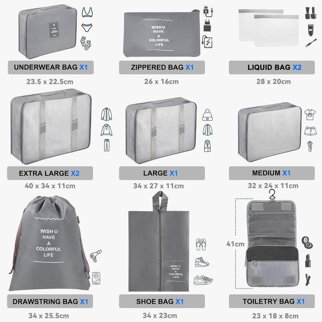 Kofferorganizer-Set in Beige, 11-Teiliges Packwürfel-Set, Wasserdichte Reisetaschen, Urlaubs- Und Reiseorganizer (Grau)