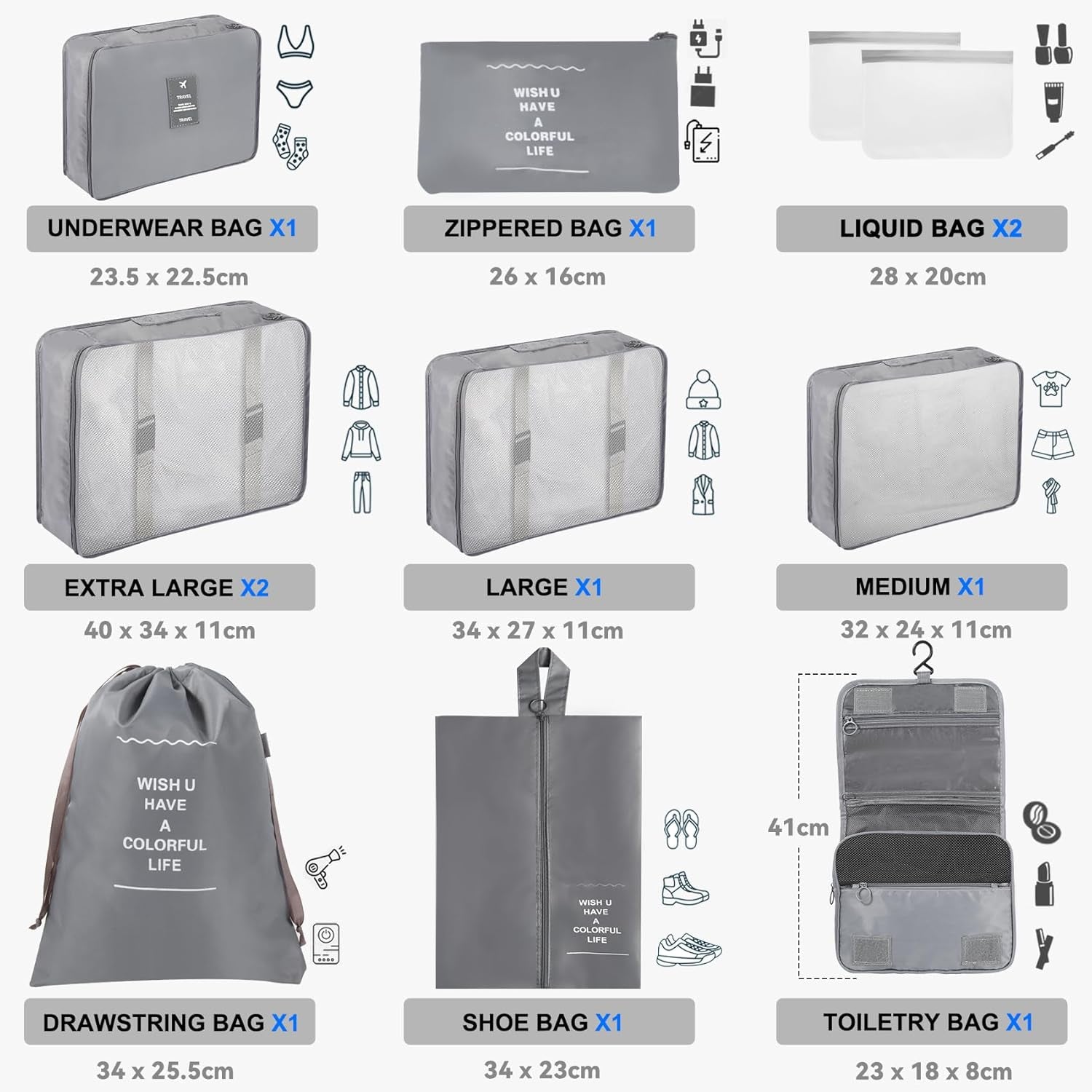 Kofferorganizer-Set in Beige, 11-Teiliges Packwürfel-Set, Wasserdichte Reisetaschen, Urlaubs- Und Reiseorganizer (Grau)