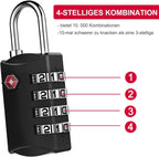 ZHEGE TSA Schlösser, Kofferschlösser, 4-Stellig Schlösser (2, Schwarz) | Rucksack Schloss Für Koffer, Tasche, Rucksäcke, Gepäckschloss, Kleines Vorhängeschlösser Zahlenschlösser Spind