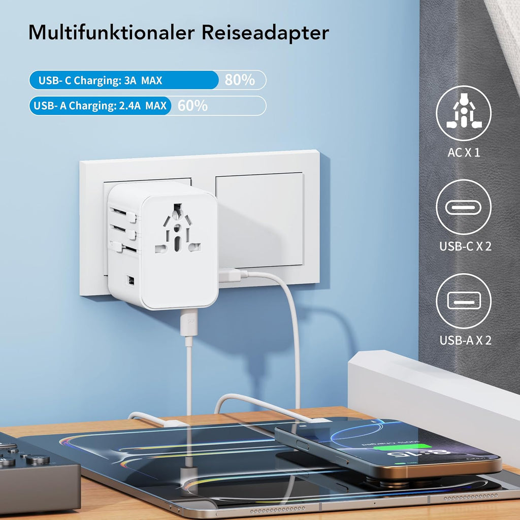 2025 Neueste Reiseadapter Weltweit, Universal Reisestecker Mit 2USB a Und 2 USB C,Internationaler Stecker Traval Adapter Für Deutschland USA England Australien Japan,Travel Essentials