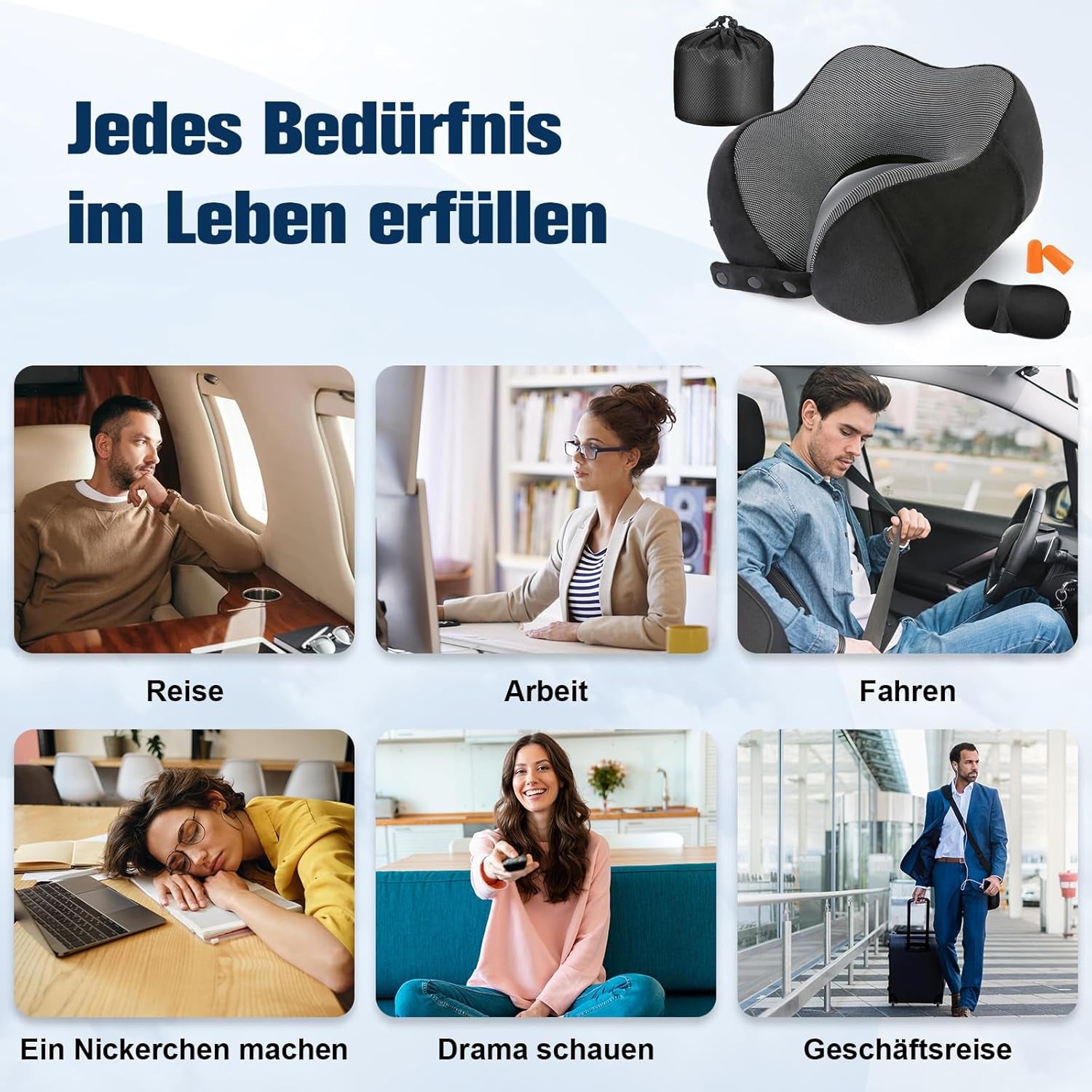 Cirorld Nackenkissen Flugzeug, Nackenhörnchen Erwachsene, Reisekissen Memory Foam, Verstellbares Kompaktes Nackenkissen Reise, Ergonomisches Weich Atmungsaktiv Mit Ohrstöpseln, Augenmaske,Tragetasche