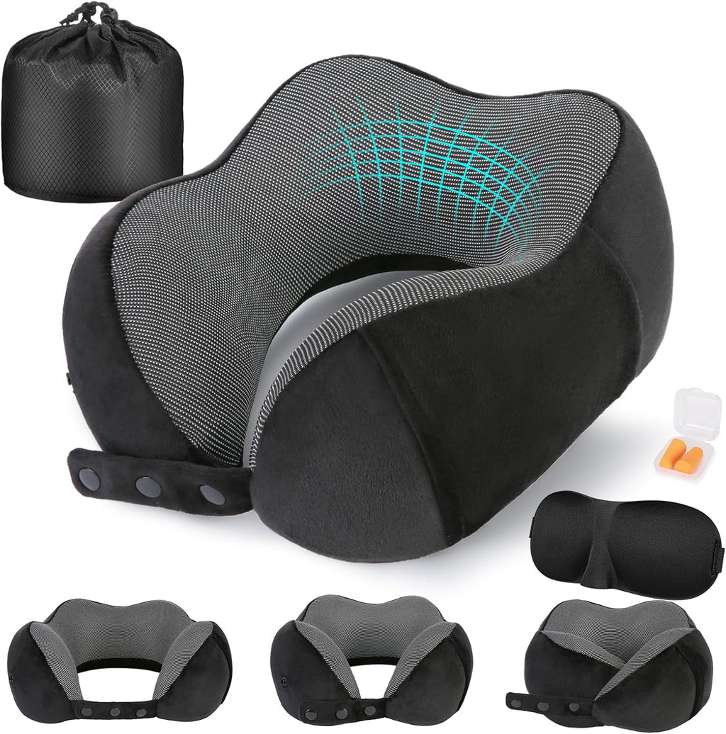 Cirorld Nackenkissen Flugzeug, Nackenhörnchen Erwachsene, Reisekissen Memory Foam, Verstellbares Kompaktes Nackenkissen Reise, Ergonomisches Weich Atmungsaktiv Mit Ohrstöpseln, Augenmaske,Tragetasche