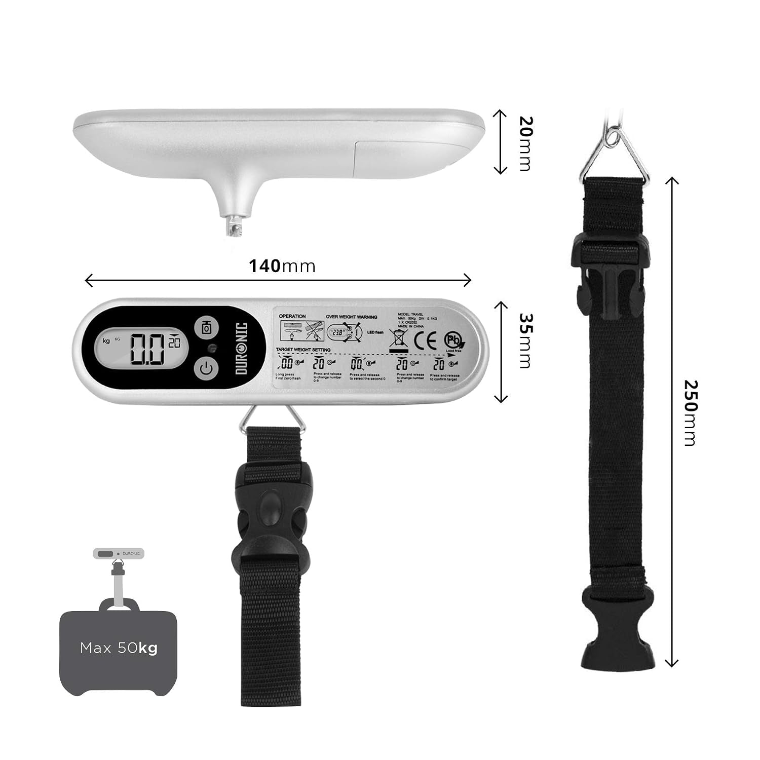 Duronic LS1014 Gepäckwaage, 50 Kg Digitale Kofferwaage, Hängewaage Mit LCD Und Tara Funktion, Fischwaage Digitalwaage Handwaage Waage, Option Für Zielgewicht, Reisegepäckwaage Digitalwaage