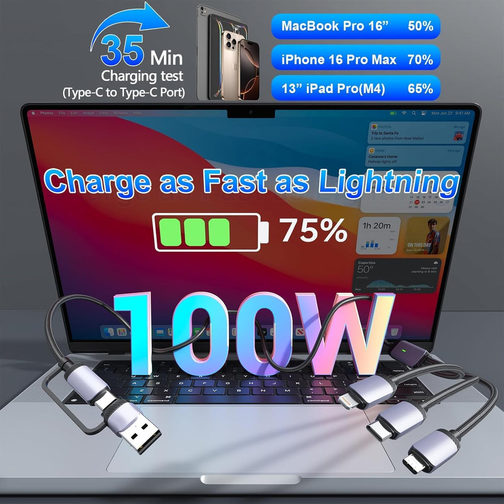 100 W Usb-C-Multi-Schnellladekabel, 1,8 M, 5-In-1-Nylongeflecht Mit Micro-Usb-Typ-C-Lightning-Anschluss Für Iphone, Kompatibel Mit Iphone 16, 15, 14, 13, 12, 11, X Pro Max, Samsung S24, 23, 22