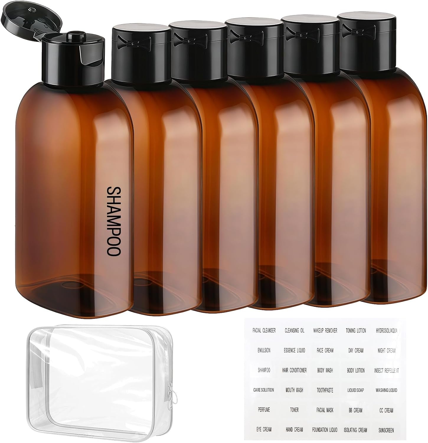 6 Stück Reiseflaschen Für Toilettenartikel,100Ml Reiseflaschen Set Mit Flip Cap Mit Etiketten,Wiederverwendbar Reiseflaschen Zum Befüllen,Geeignet Für Toilettenartikel/Camping/Reisen(Braun)