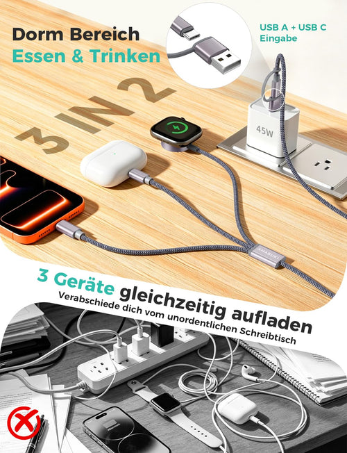 3 in 2 Ladekabel Für Apple Watch USB C Kabel Multi Charger Cable Kompatibel Mit Iwatch Ultra/Se/11/10/9/8/7/6/5/4/3/2/1 Iphone 17-11/Galaxy S23-1.25M Für Camping Travel Outdoor, Für Flugzeug Gadgets