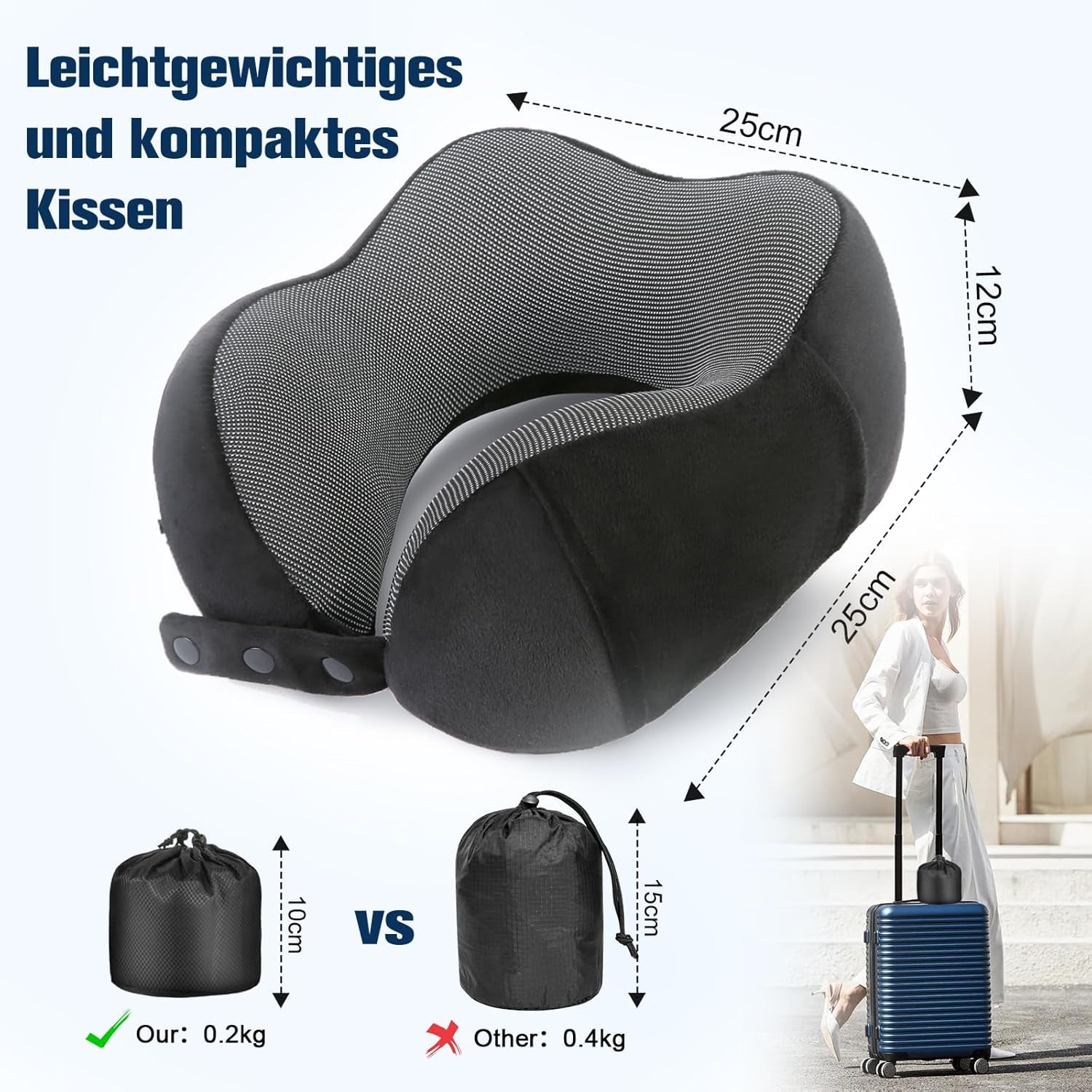 Cirorld Nackenkissen Flugzeug, Nackenhörnchen Erwachsene, Reisekissen Memory Foam, Verstellbares Kompaktes Nackenkissen Reise, Ergonomisches Weich Atmungsaktiv Mit Ohrstöpseln, Augenmaske,Tragetasche