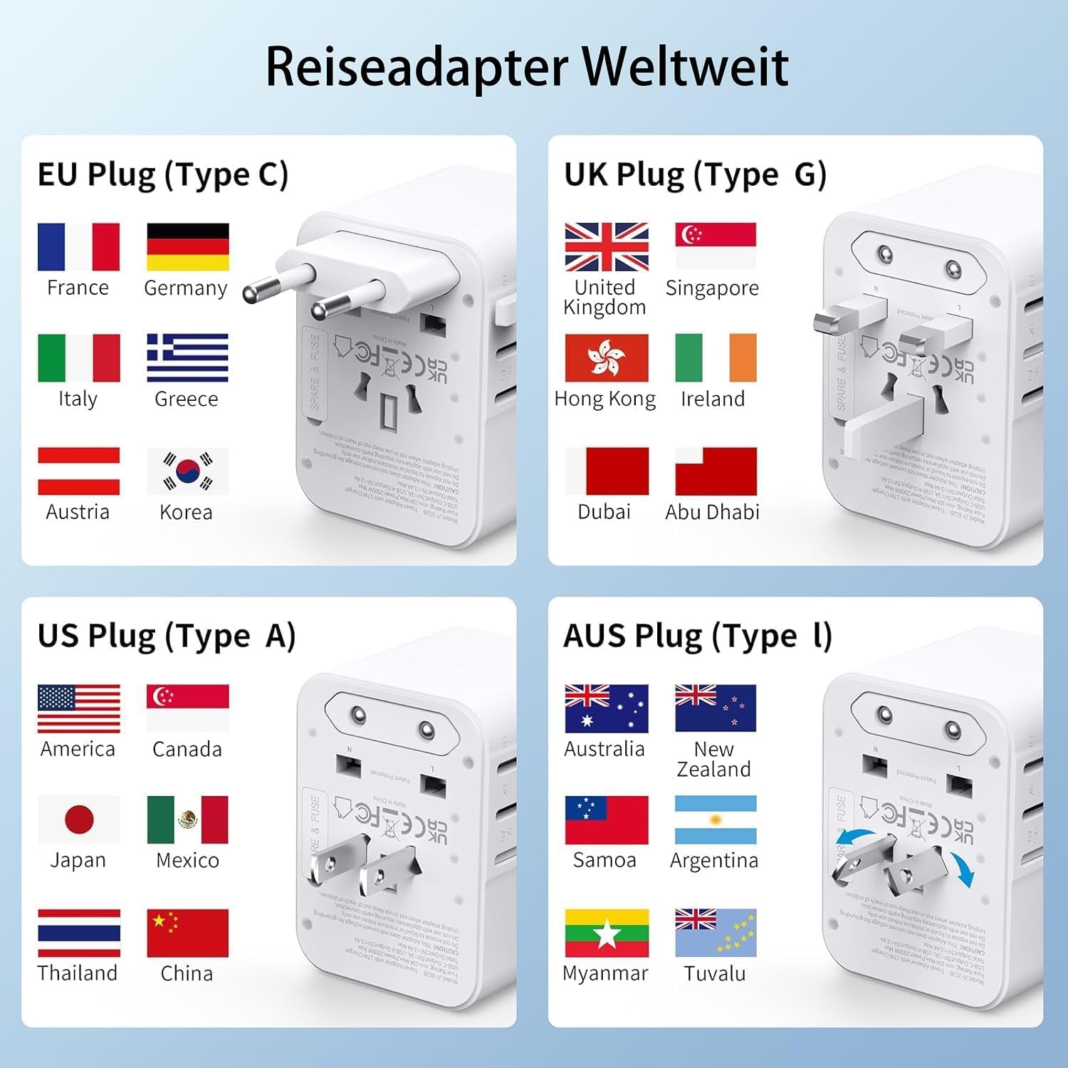 2025 Neueste Reiseadapter Weltweit, Universal Reisestecker Mit 2USB a Und 2 USB C,Internationaler Stecker Traval Adapter Für Deutschland USA England Australien Japan,Travel Essentials