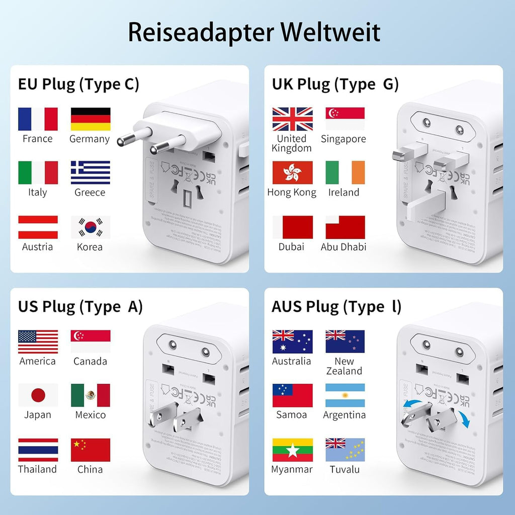 2025 Neueste Reiseadapter Weltweit, Universal Reisestecker Mit 2USB a Und 2 USB C,Internationaler Stecker Traval Adapter Für Deutschland USA England Australien Japan,Travel Essentials