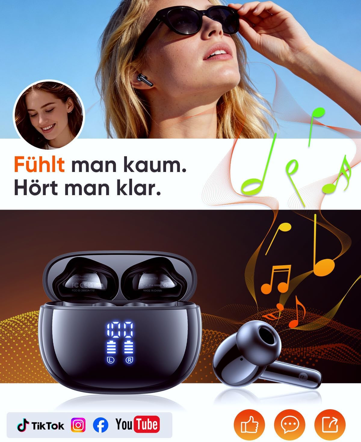 Bluetooth 5.3 Kopfhörer Kabellos, in Ear Bluetooth Kopfhörer Mit 4 ENC Mikrofonen, 48 Std Spielzeit, LED Anzeige, Hifi Stereo Sound, IPX7 Wasserdichte Sport Kopfhörer – Schwarz
