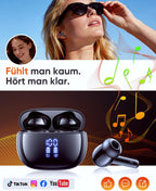 Bluetooth 5.3 Kopfhörer Kabellos, in Ear Bluetooth Kopfhörer Mit 4 ENC Mikrofonen, 48 Std Spielzeit, LED Anzeige, Hifi Stereo Sound, IPX7 Wasserdichte Sport Kopfhörer – Schwarz