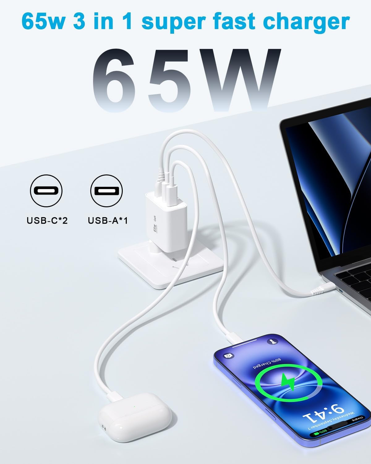 USB C Ladegerät, PD 65W USB C Netzteil Gan Schnellladegerät Multi Charging Station Adapter Desktop-Lader Für Macbook Pro/Air, Iphone, Ipad Pro, Samsung, Laptop
