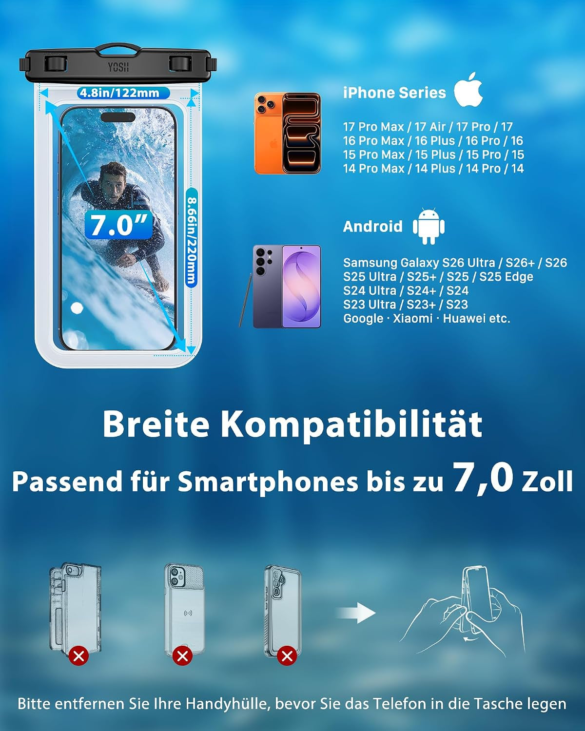 YOSH Wasserdichte Handyhülle [2 Stück], 7,0 Zoll IPX8 Unterwasser Handyhülle, Wasserfeste Handytasche Für Iphone 17 16 15 14 Pro Max XS Samsung S26 S25 S24 S23 Ultra A56 Xiaomi 17 15- Clear