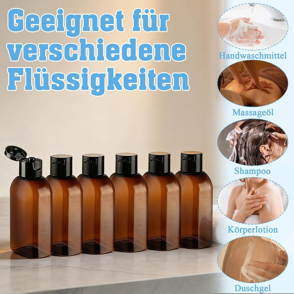 6 Stück Reiseflaschen Für Toilettenartikel,100Ml Reiseflaschen Set Mit Flip Cap Mit Etiketten,Wiederverwendbar Reiseflaschen Zum Befüllen,Geeignet Für Toilettenartikel/Camping/Reisen(Braun)