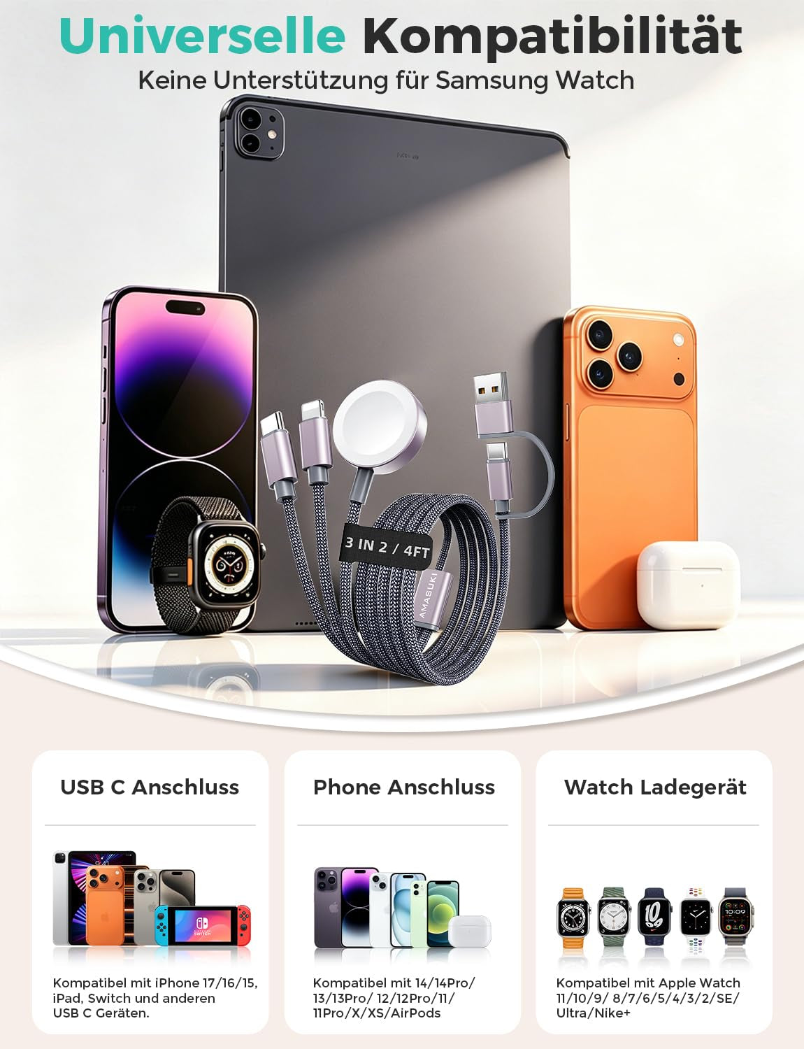 3 in 2 Ladekabel Für Apple Watch USB C Kabel Multi Charger Cable Kompatibel Mit Iwatch Ultra/Se/11/10/9/8/7/6/5/4/3/2/1 Iphone 17-11/Galaxy S23-1.25M Für Camping Travel Outdoor, Für Flugzeug Gadgets