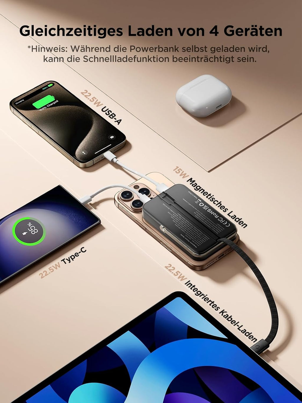 Aioneus Powerbank Für Magsafe, Magnetische Power Bank 10000Mah, PD 22,5W Schnellladung Wireless Powerbank Mit Integriertem USB-C Kabel, Klappbarer Ständer, Kompatibel Mit Iphone 16/15/14/13/12 Serien
