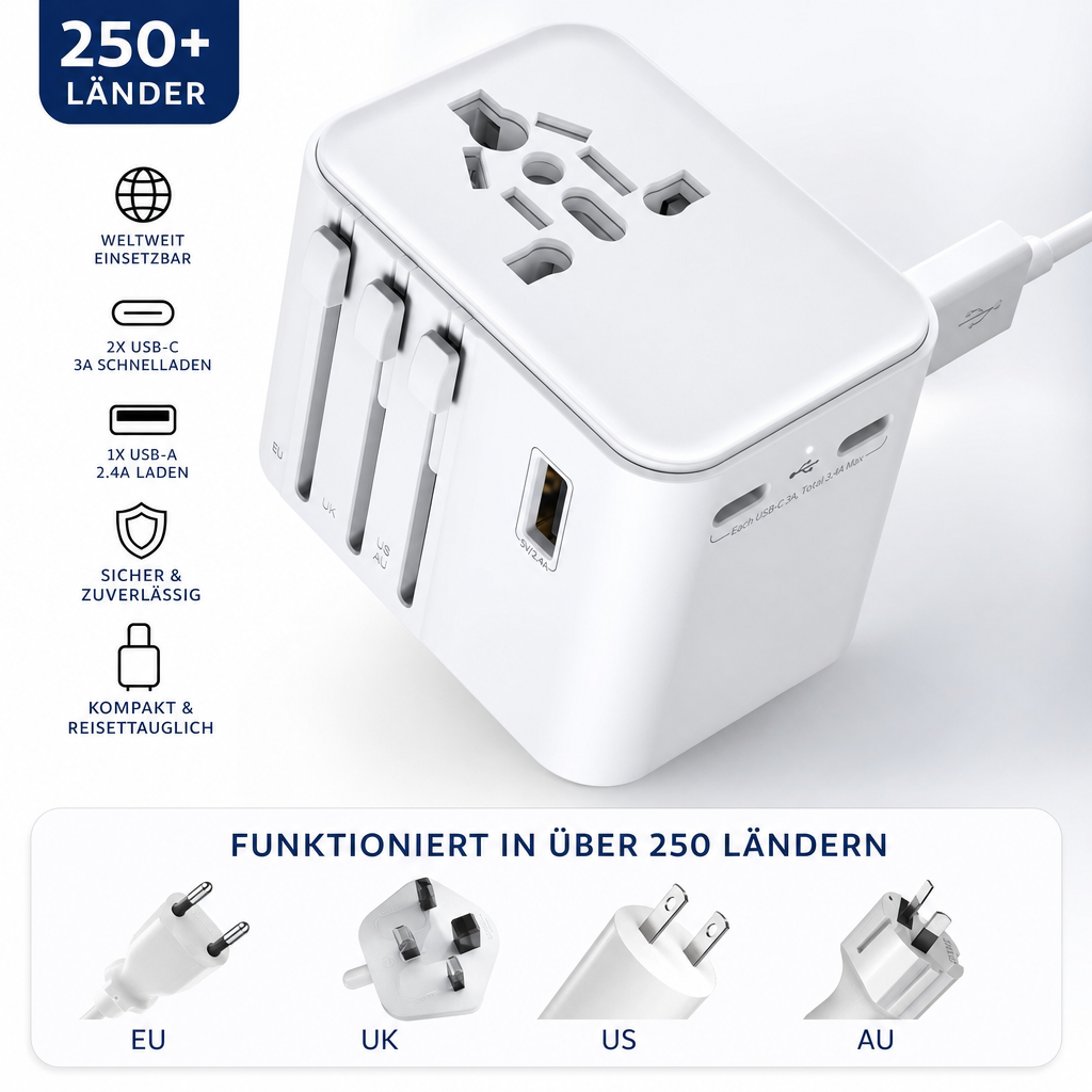 Universal Travel Adapter Worldwide – 2× USB-A & 2× USB-C