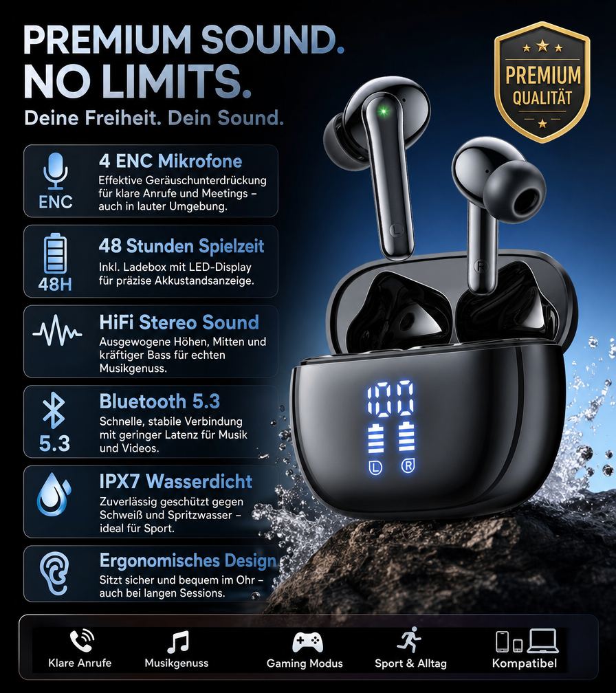 Bluetooth 5.3 In-Ear Headphones – 48h, IPX7, 4 ENC Microphones