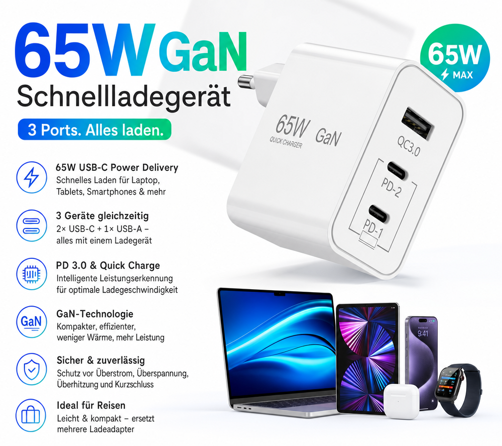 USB-C Charger 65W GaN – 3-Port Fast Charger