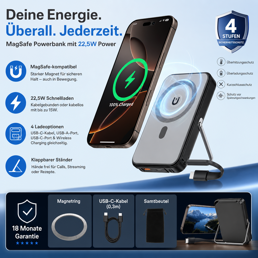 Aioneus MagSafe Power Bank 10,000 mAh – 22.5W, Stand & USB-C