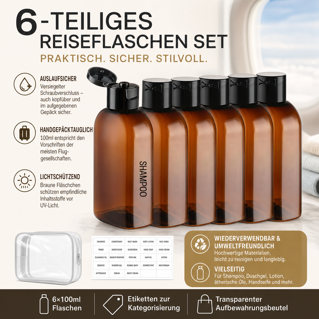 Travel Bottles 6-Pack 100ml – Leakproof, Reusable