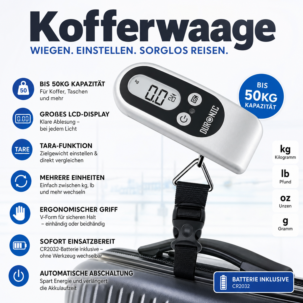 Duronic Luggage Scale 50kg – Digital, LCD, Tare Function