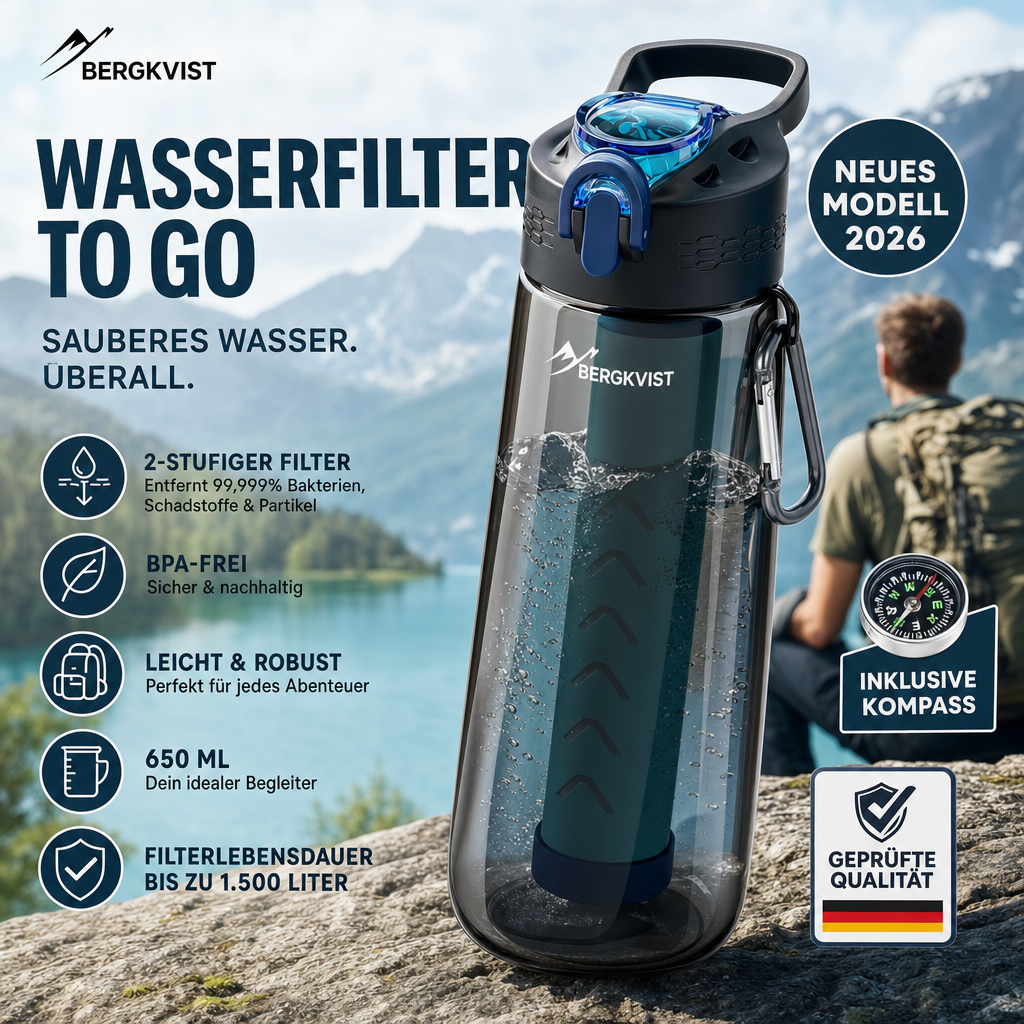 BERGKVIST® Outdoor Water Filter Bottle OBSIDIAN [650ml] With Compass | Water Bottle With Filter For Clean Drinking Water, Water Purification For Camping, Prepper & Survival Gear