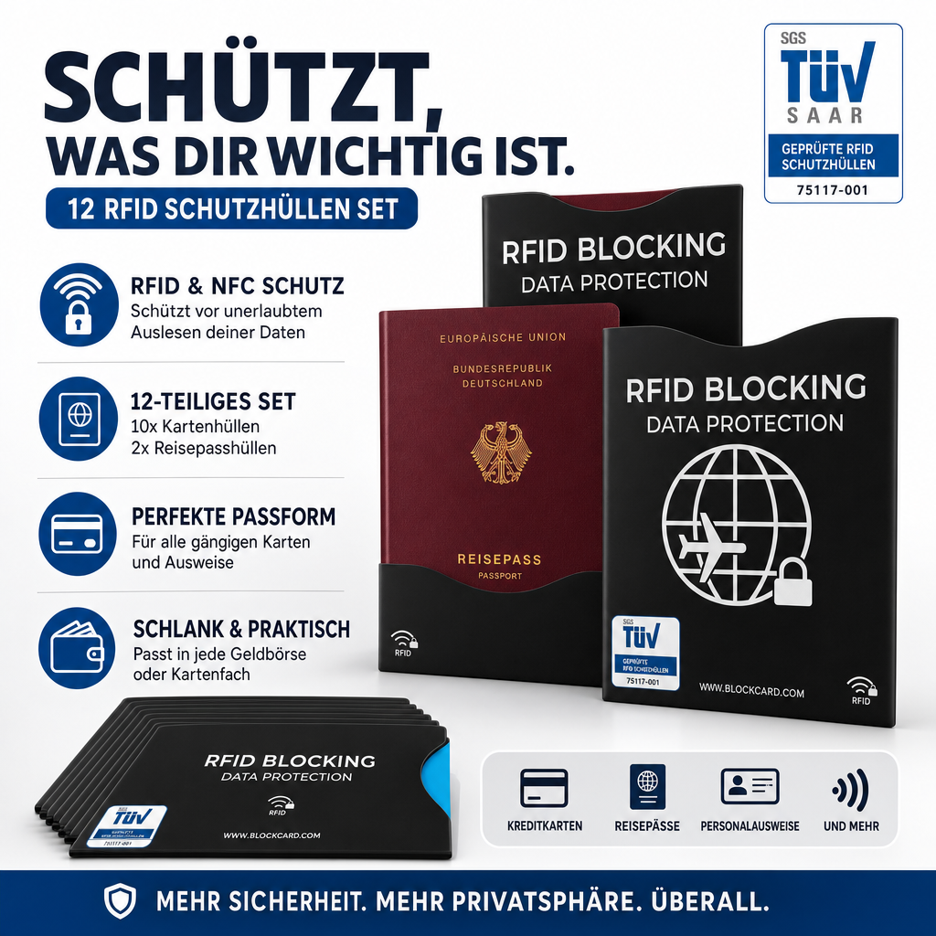 TÜV Tested RFID Blocker NFC Card Sleeve | 12 Protective Sleeves for Credit Card, Debit Card, Bank Card & Passport | Credit Card Protective Sleeve Debit Card Bank Card Protective Sleeve