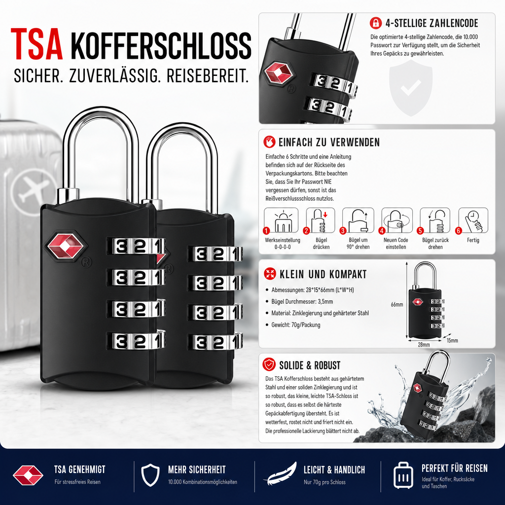 ZHEGE TSA Locks, Luggage Locks, 4-Digit Locks (2, Black) | Backpack Lock for Suitcases, Bags, Backpacks, Luggage Lock, Small Combination Padlocks Locker