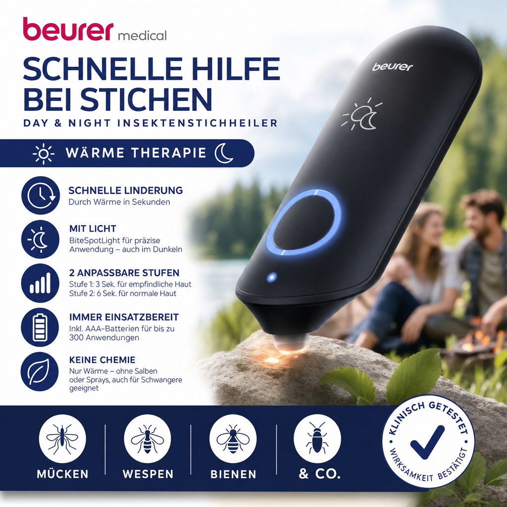 Beurer Bitex Day&Night Insect Bite Healer, Mosquito Bite Heat Pen for Treating Insect Bites, Electronic Bite Healer